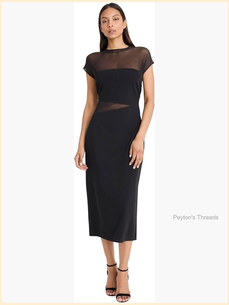 Illusion Mesh Short Sleeve Sheath Dress - Cocktail Party Midi Dress